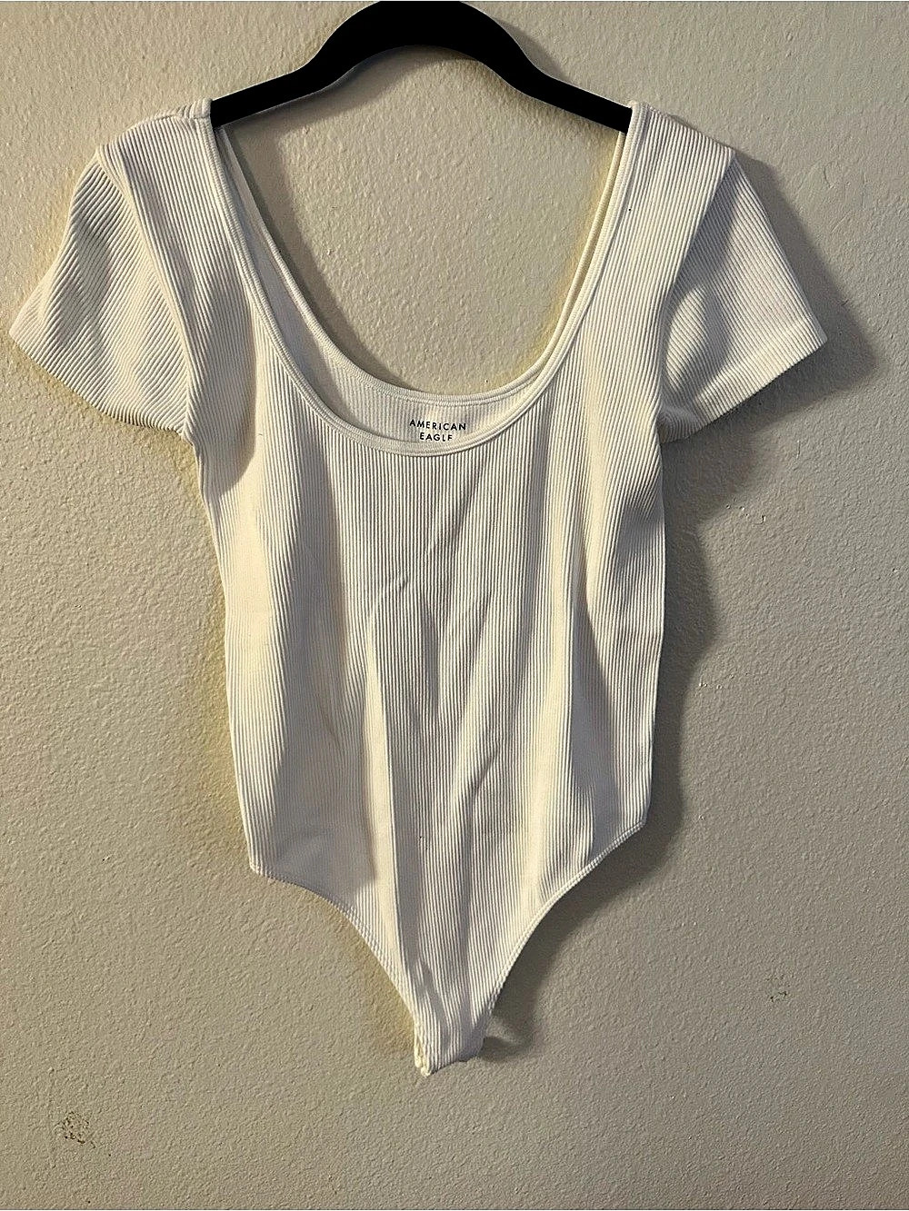 American Eagle Ribbed Short Sleeve Scoop Neck Bodysuit White Large